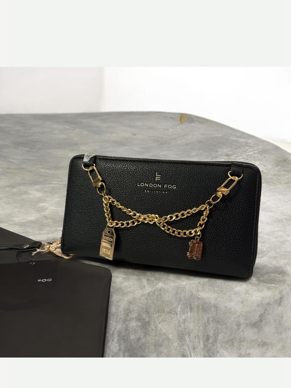 London Fog Black Pebble  faux leather wristlet wallet with Gold Chain Accents